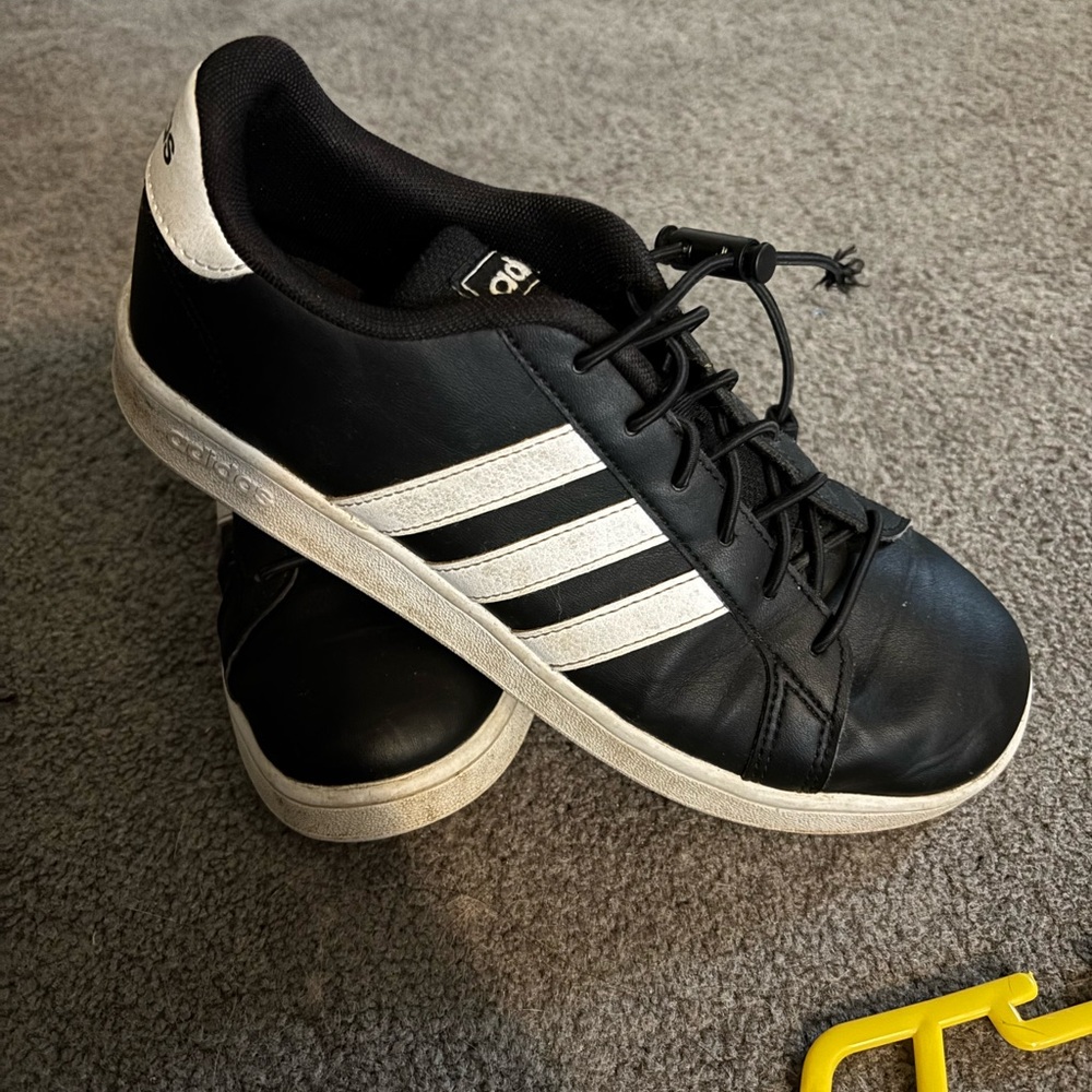Adidas Kids Black Sneakers with White Stripes